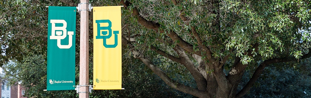 College Pole Banners displayed on school campus among trees