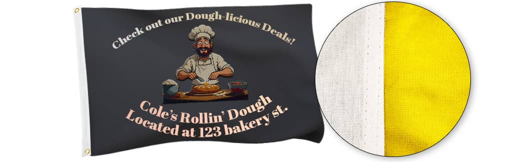 Custom advertising flag displaying a bakery advertisement