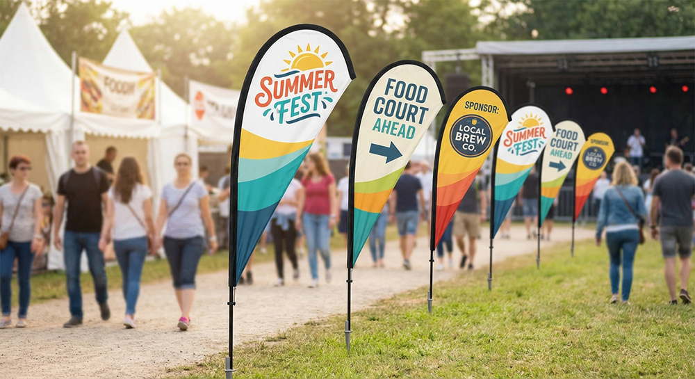 Custom teardrop flags at a fair | Banners.com