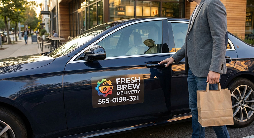 Fresh Brew magnetic sign on the side of a car | Banners.com