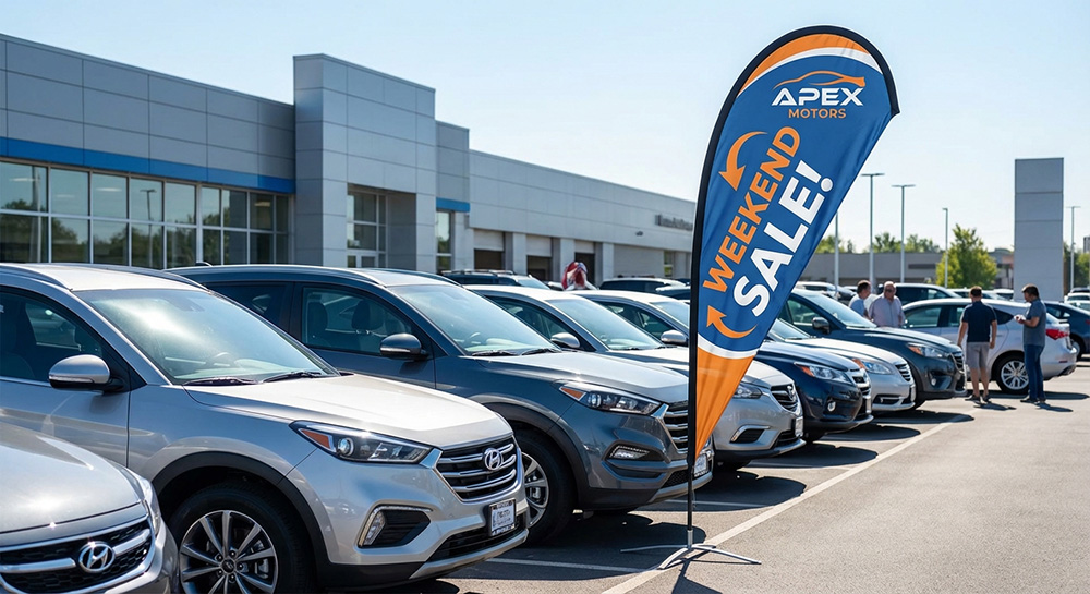 Custom 8ft teardrop flag for a car dealership | Banners.com