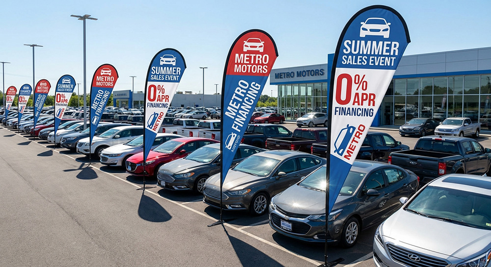 Custom 15ft teardrop flags highlighting deals at a dealership | Banners.com