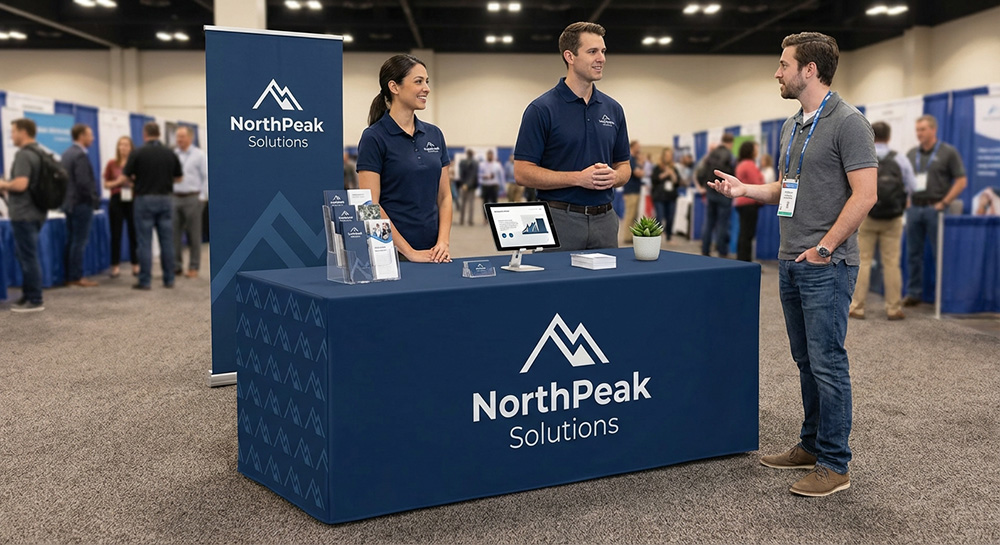 Custom fitted table cover for a trade show event | Banners.com