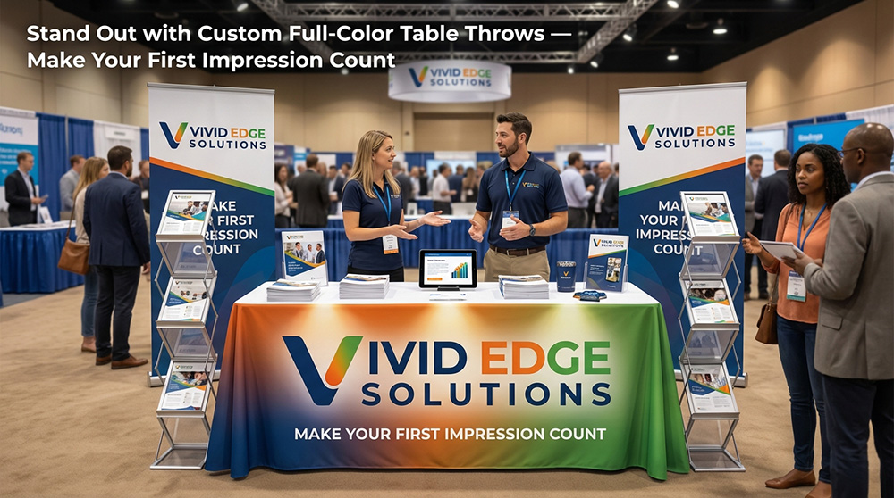 Custom full color table throw for vivid edge solutions | Banners.com