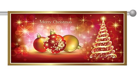 Merry Christmas Flag. Merry Christmas Banner. Banner top half is green, bottom half is red. There is a red ribbon like strip through the middle of the top green portion. The upper left quadrant has a gift tag shape with a red border and whit interior The red text in three lines reads "Merry" first, then beneath "Christmas" and beneath that "Happy New Year". Text in large white letters runs along the bottom half of the red portion and it reads "From Smith Electric".
