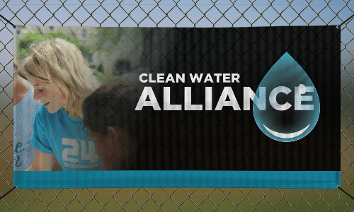 Teal blue and black mesh banner with blonde little boy in the background and text that reads Clean Water Alliance with a teal water drop behind it 