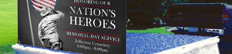 Parade banner displayed on the back of a parade float